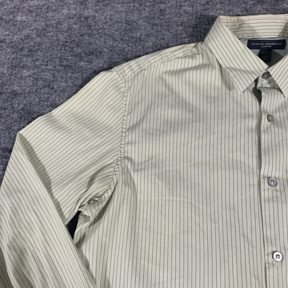 Banana Republic Shirt Mens Large Green Pinstripe Slim Fit Button Up Long Sleeve